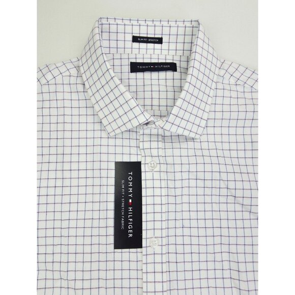 Tommy Hilfiger Slim Fit Stretch 16.5 34-35 Large White Plum Blue Check Shirt NWT - Picture 1 of 11